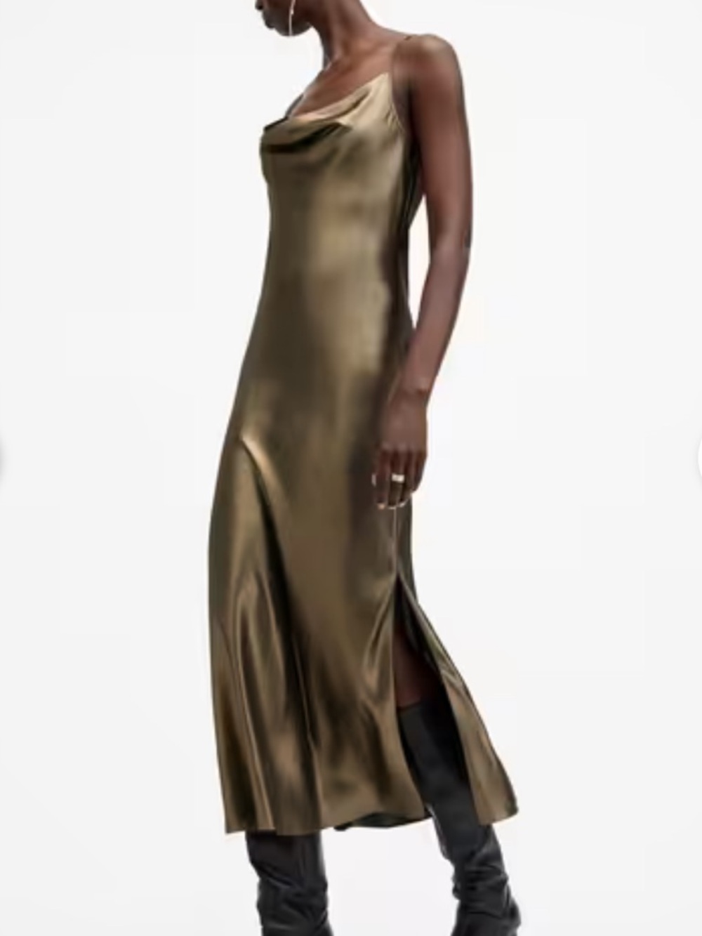 All Saints Hadley Olive Satin Cowl Slip Midi Dress - Picture 2 of 8